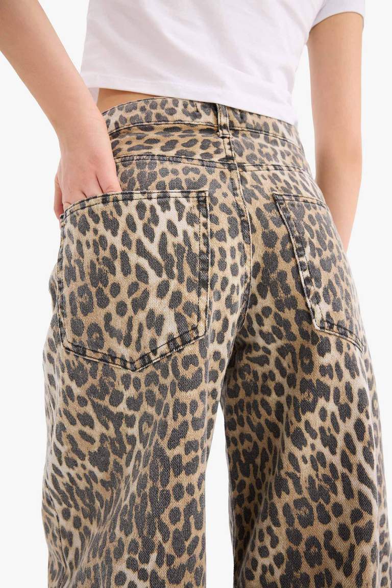 Baggy Fit Leopar Desenli Yüksek Bel Standart Boy Gabardin Kışlık Pantolon