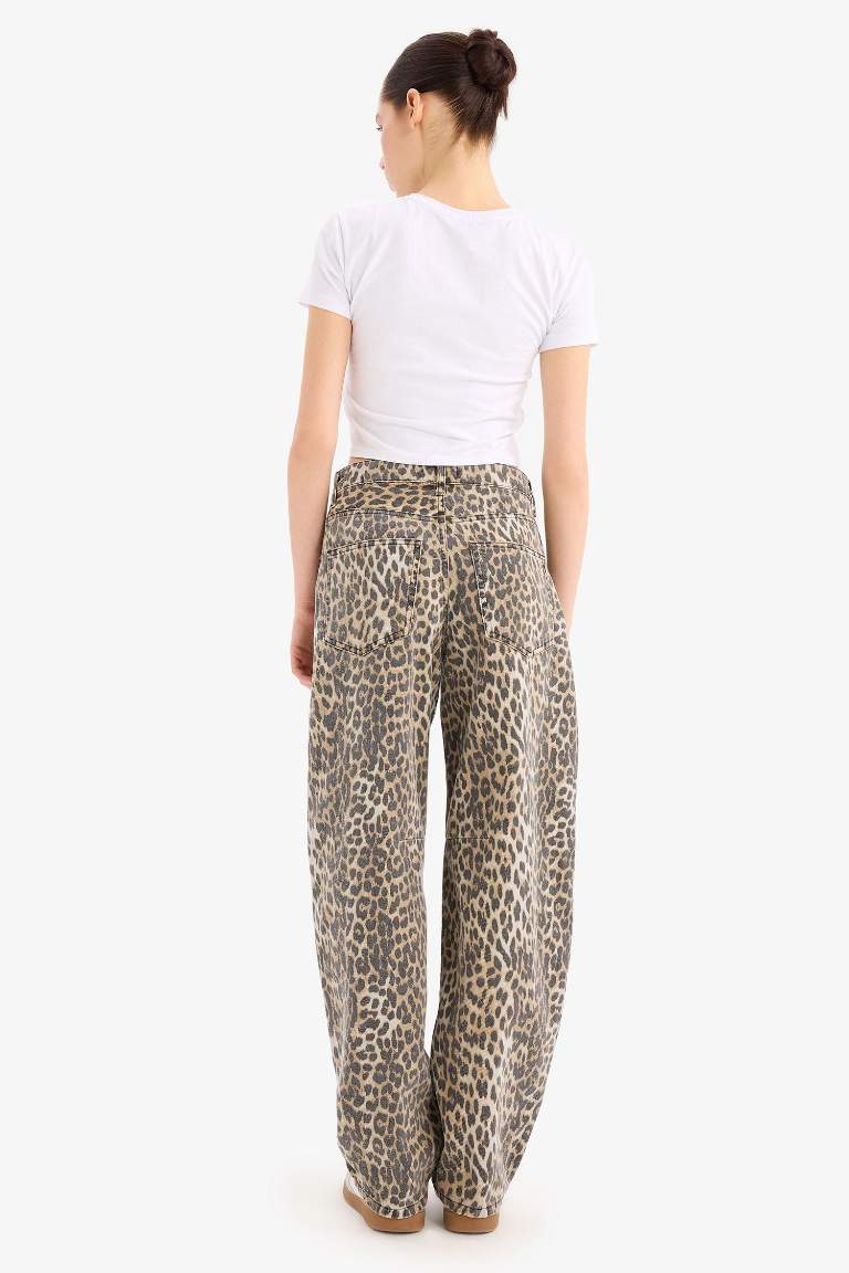 Baggy Fit Leopar Desenli Yüksek Bel Standart Boy Gabardin Kışlık Pantolon