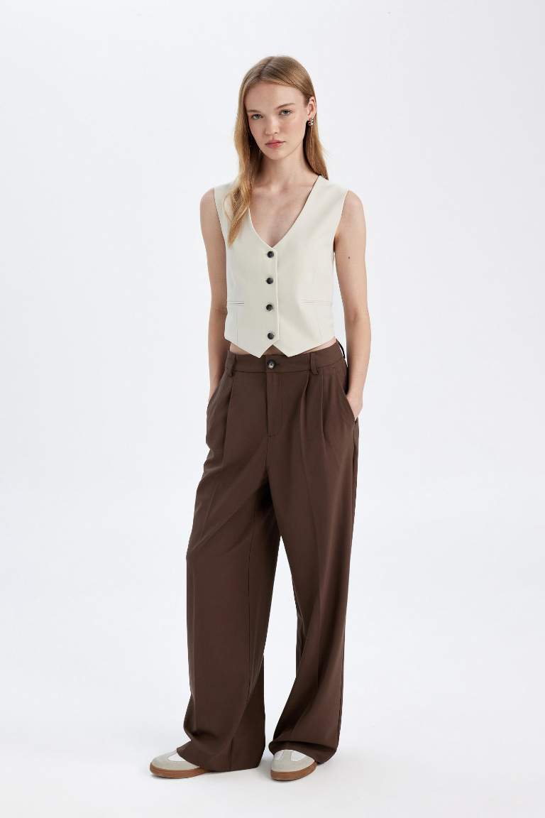 Klasik Kumaş Pantolon Wide Leg Geniş Bol Paça Fleto Cepli Yüksek Bel Standart Boy Basic Düz