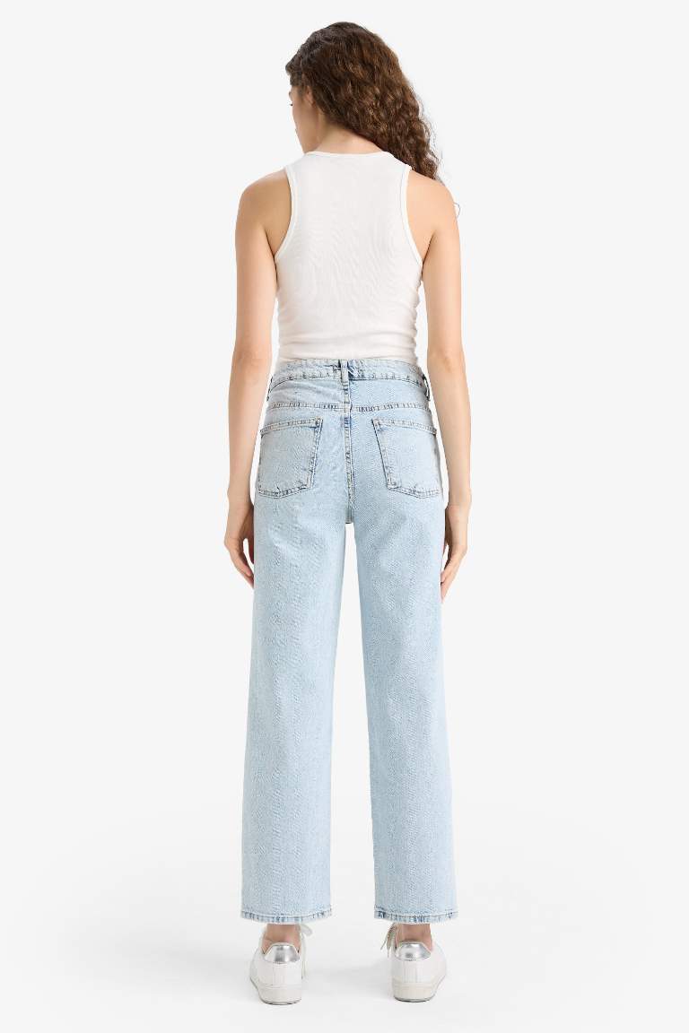 Comfort Straight Yüksek Bel Bilek Boy Jean Yıkamalı Pantolon