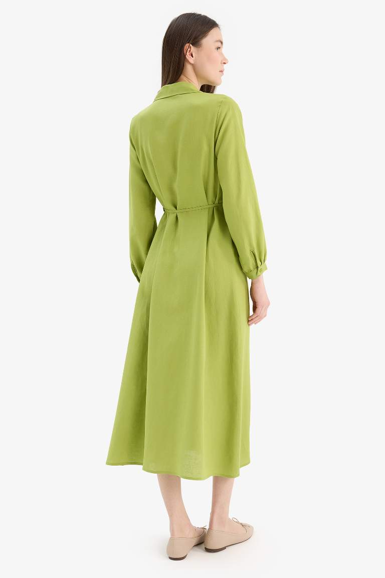 Shirt Collar Linen Blend Long Sleeve Dress