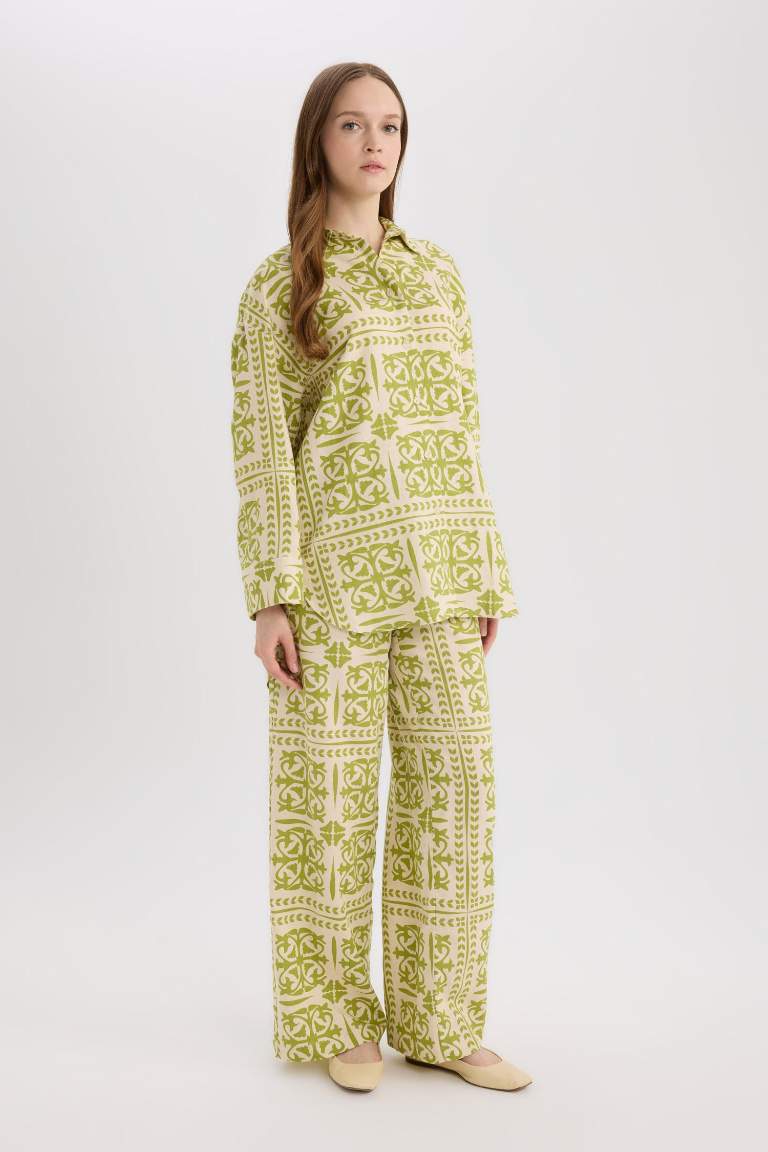 Wide Leg Desenli Beli Lastikli Keten Karışımlı Geniş Paça Pantolon
