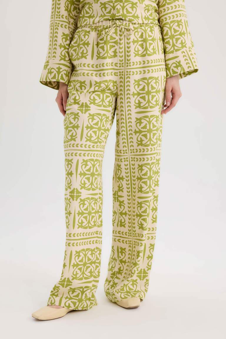 Wide Leg Desenli Beli Lastikli Keten Karışımlı Geniş Paça Pantolon