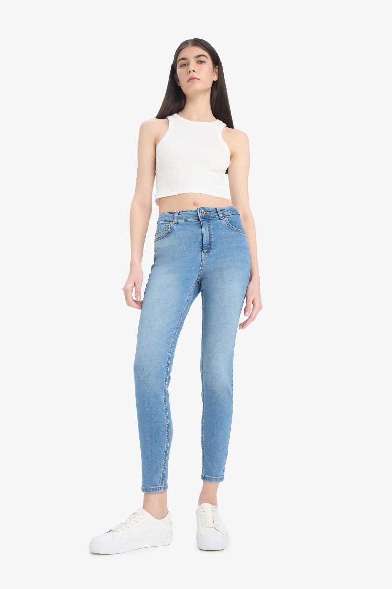Skinny Fit Yüksek Bel Düz Paça Uzun Jean Taş Yıkama Pantolon