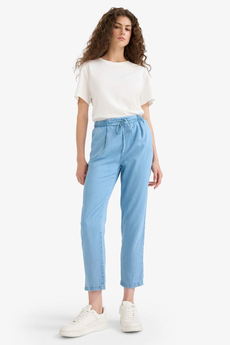 Pull On Carrot Fit Yüksek Bel Bilek Boy Tensel Yıkamalı Pantolon