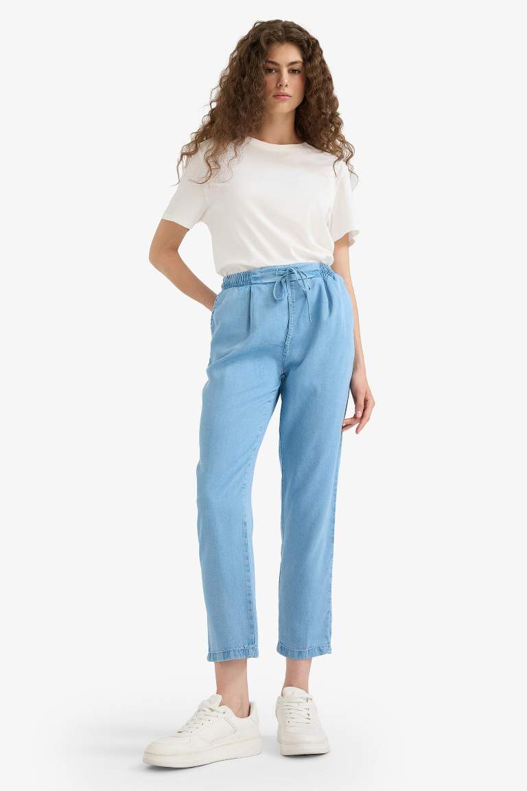 Pull On Carrot Fit Yüksek Bel Bilek Boy Tensel Yıkamalı Pantolon