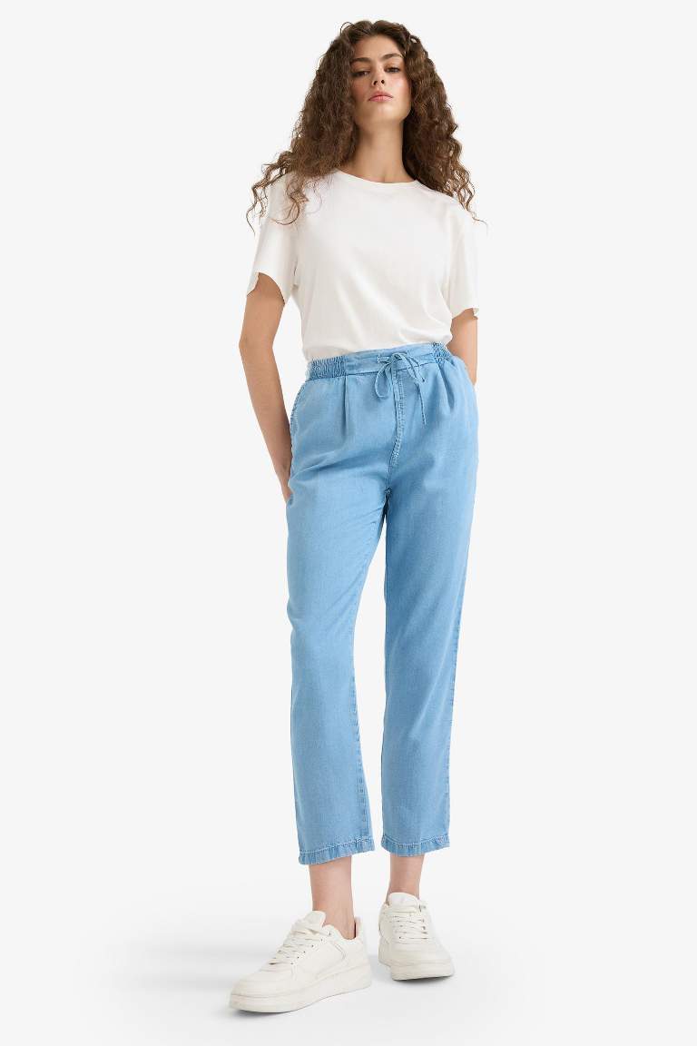 Pull On Carrot Fit Yüksek Bel Bilek Boy Tensel Yıkamalı Pantolon