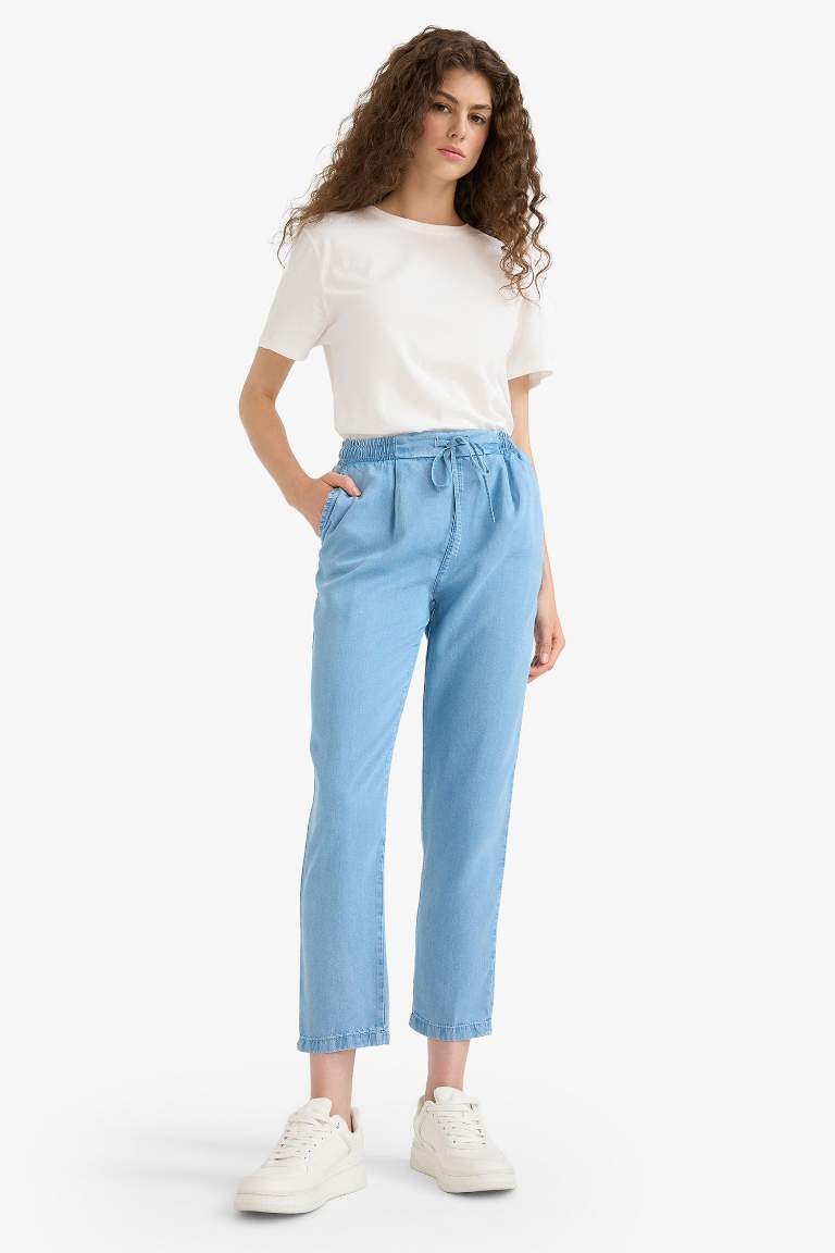 Pull On Carrot Fit Yüksek Bel Bilek Boy Tensel Yıkamalı Pantolon