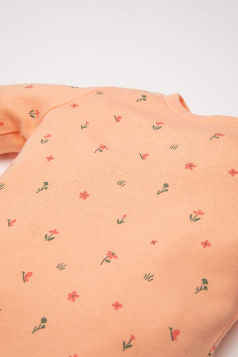 Kız Bebek Pijama Takımı Bisiklet Yaka Çiçekli Uzun Kollu Üst Uzun Alt