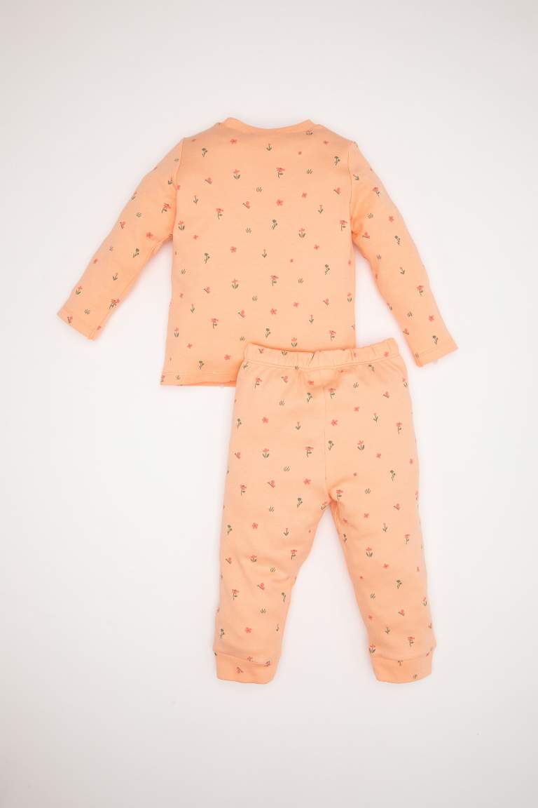 Kız Bebek Pijama Takımı Bisiklet Yaka Çiçekli Uzun Kollu Üst Uzun Alt