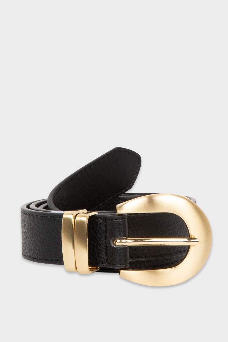 Woman Faux Leather Gold Buckled Dress Belt
