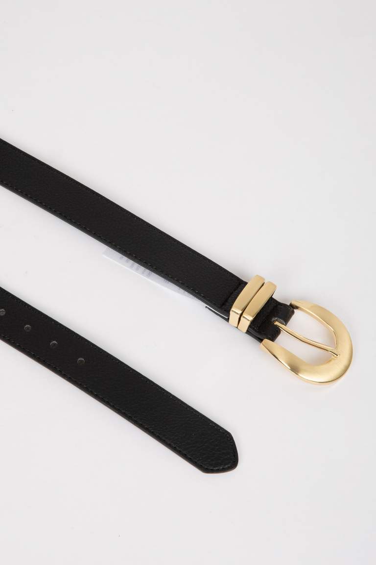 Woman Faux Leather Gold Buckled Dress Belt