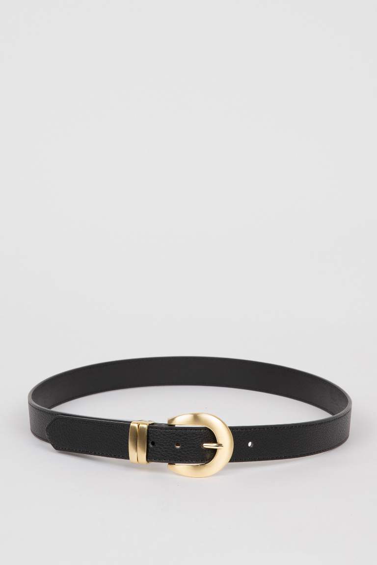 Woman Faux Leather Gold Buckled Dress Belt