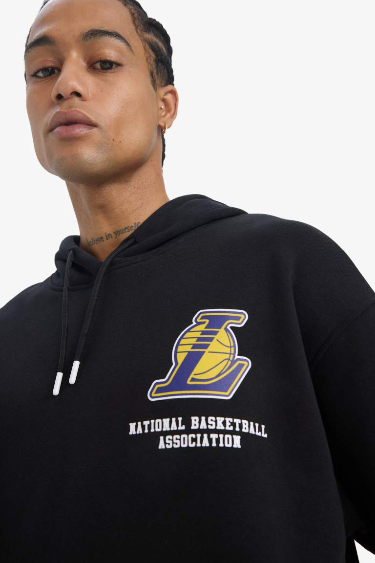 DeFactoFit NBA Los Angeles Lakers Oversize Geniş Kalıp Kapüşonlu Kalın Sweatshirt
