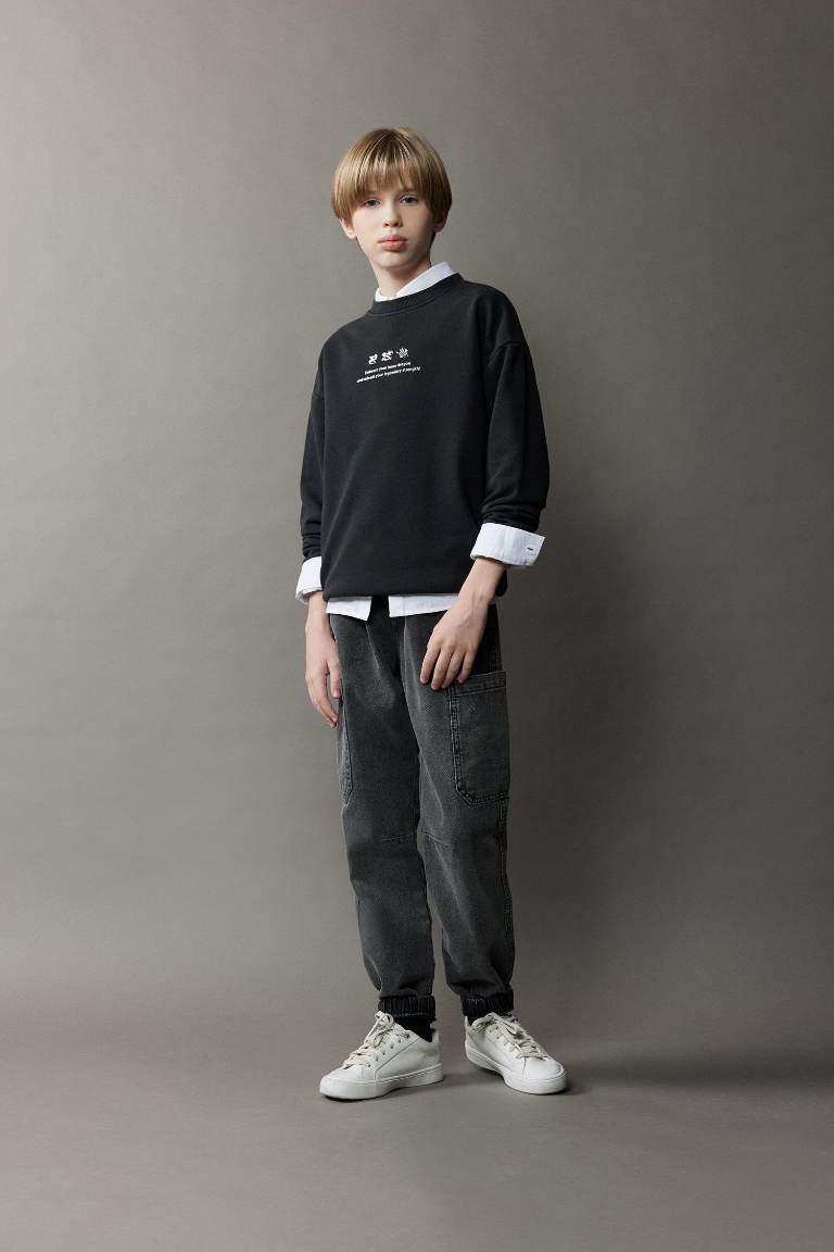 Boy Oversize Fit Back Printed Washed Faded Effect Sweatshirt