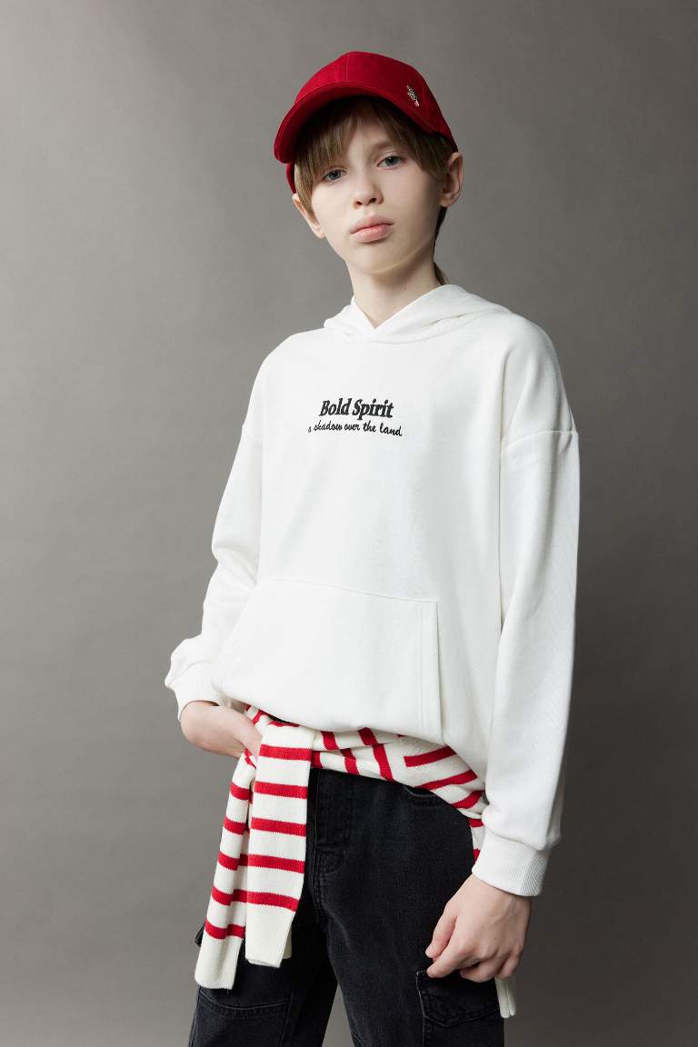 Boy Oversize Fit Hooded Embroidered Sweatshirt