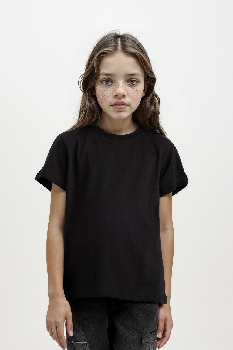 Kız Çocuk Bisiklet Yaka Basic Düz Kısa Kollu Tişört