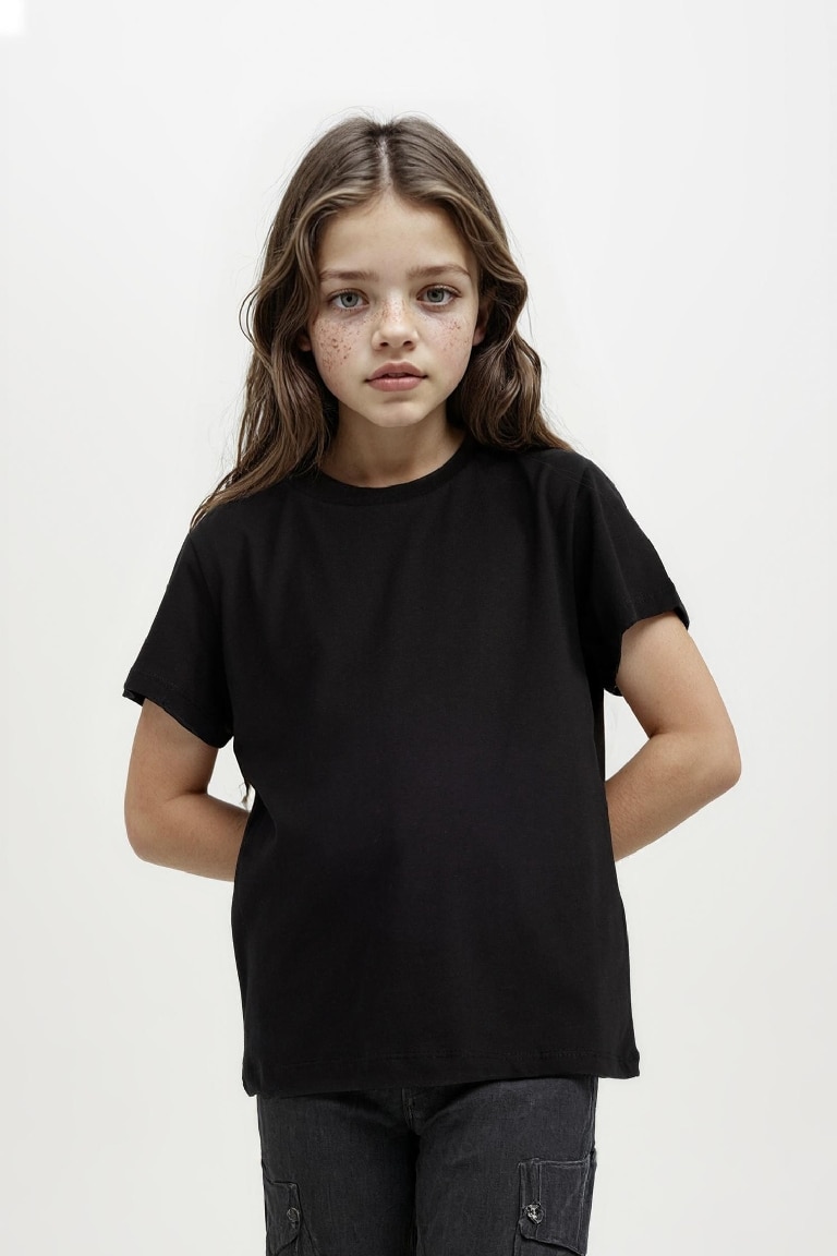 Kız Çocuk Bisiklet Yaka Basic Düz Kısa Kollu Tişört