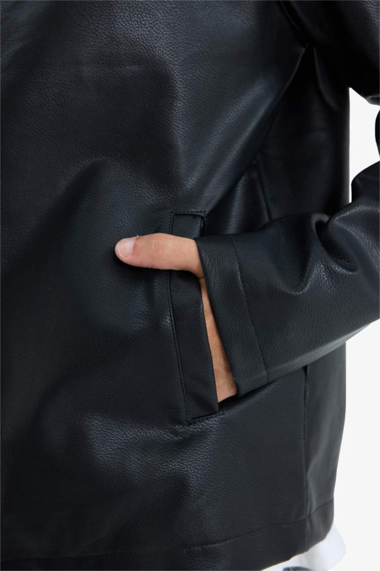 Jaket en similicuir à col montant zippée Coupe slim