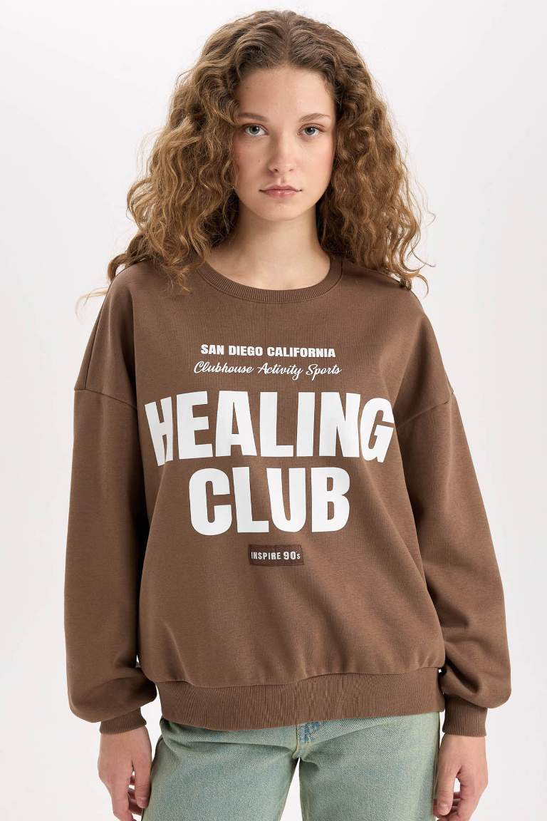 Loose Fit Bisiklet Yaka Baskılı Kalın Sweatshirt