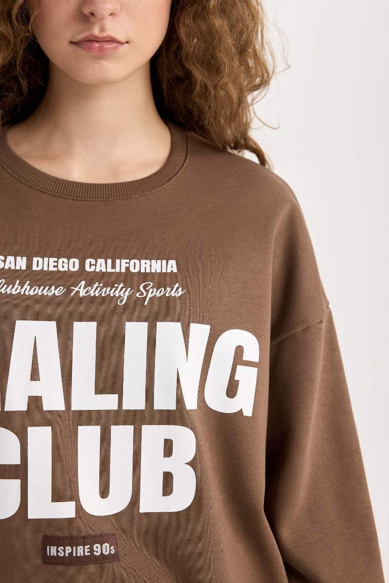Loose Fit Bisiklet Yaka Baskılı Kalın Sweatshirt