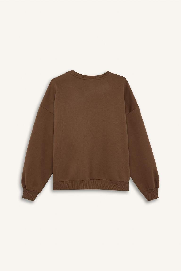 Loose Fit Bisiklet Yaka Baskılı Kalın Sweatshirt