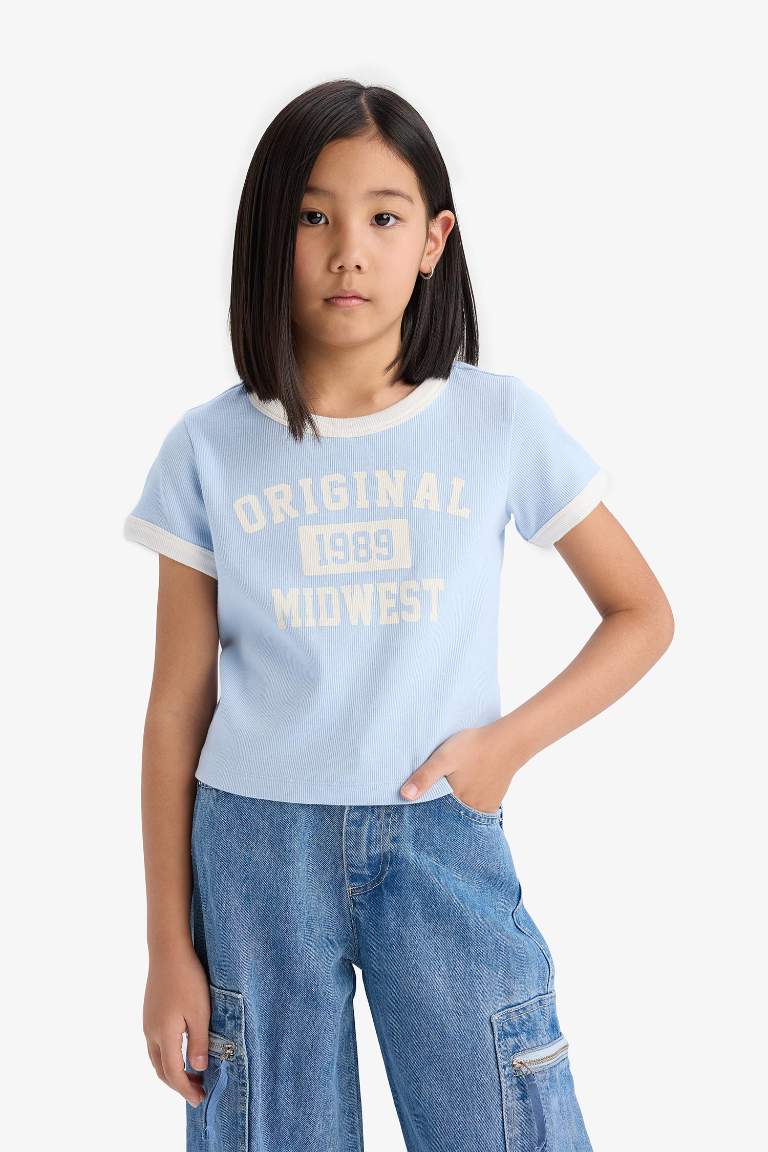 Girl Slim Fit Crew Neck Printed Corduroy T-Shirt