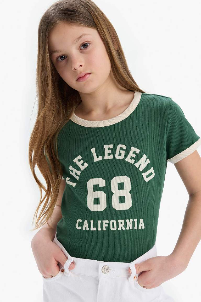 Girl Slim Fit Crew Neck Slogan Printed Corduroy T-Shirt