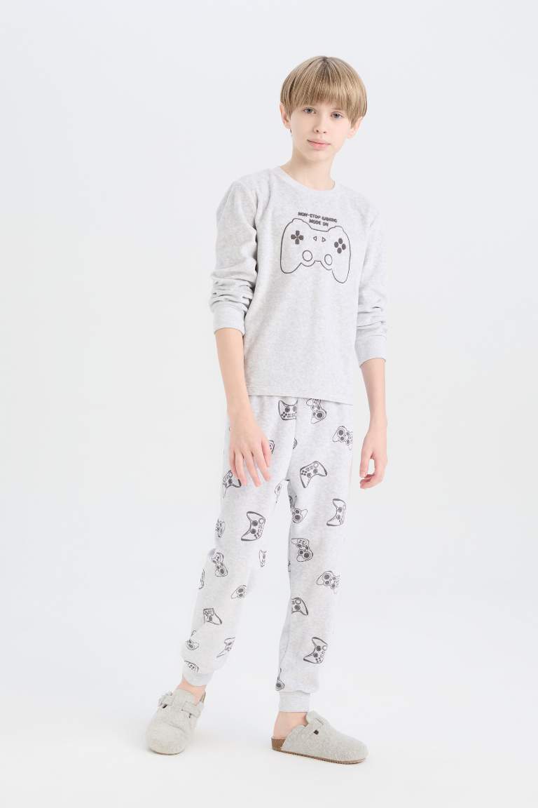 Boy Crew Neck Printed Top Bottom Velvet 2 Piece Pajama Set