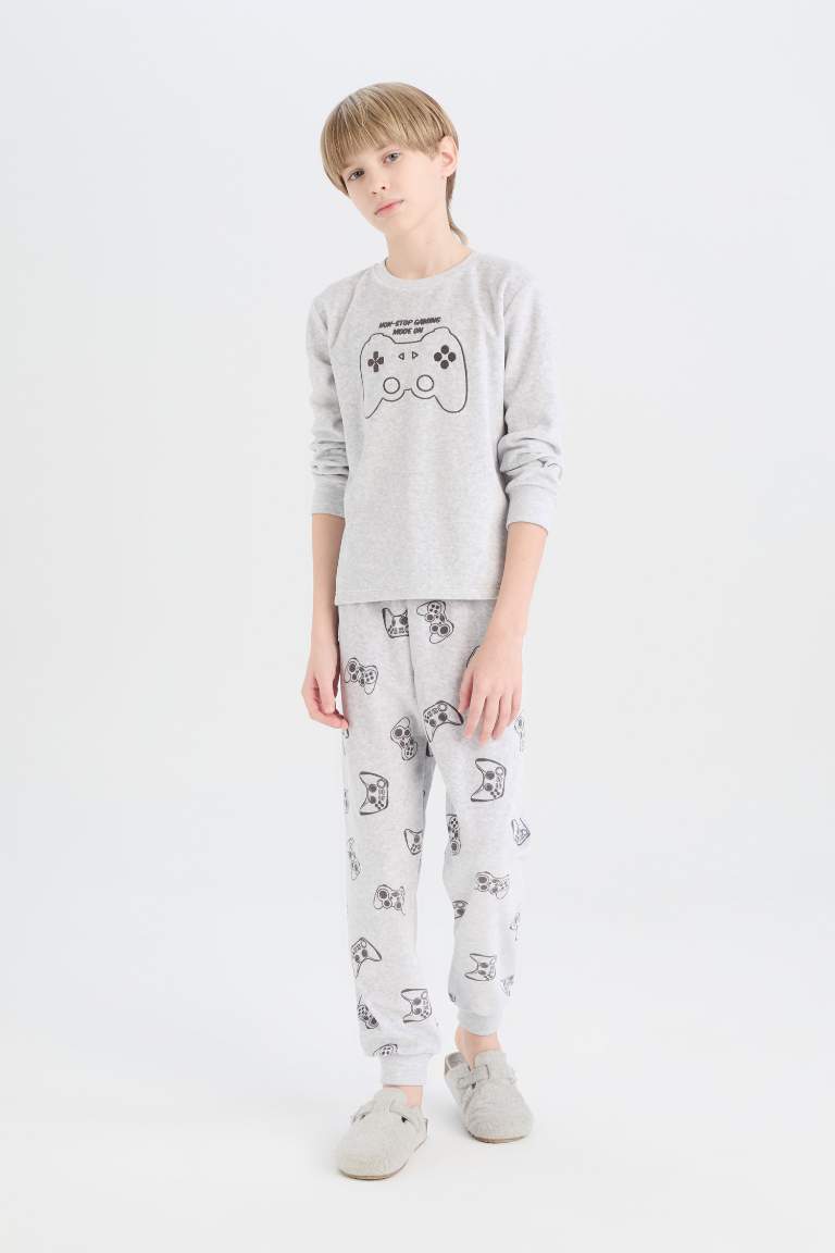 Boy Crew Neck Printed Top Bottom Velvet 2 Piece Pajama Set