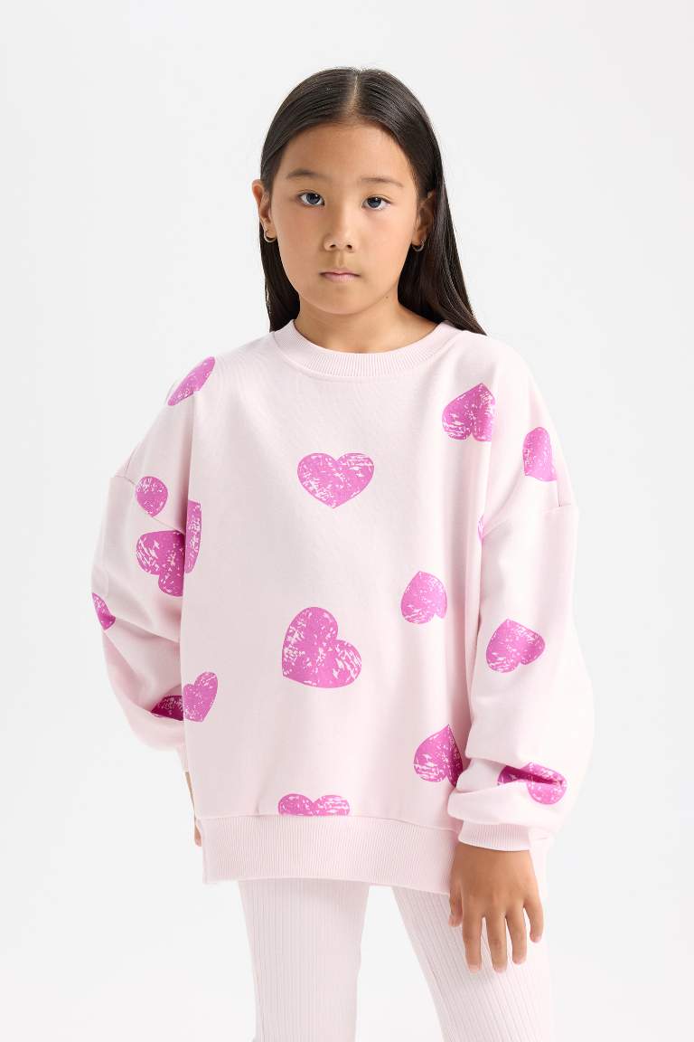 Kız Çocuk 2'li Takım Kalp Desenli Sweatshirt İspanyol Paça Tayt