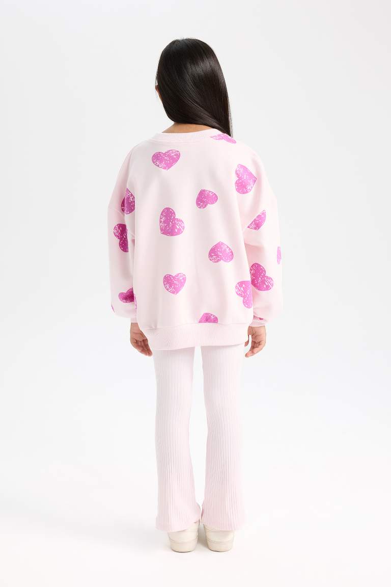 Kız Çocuk 2'li Takım Kalp Desenli Sweatshirt İspanyol Paça Tayt