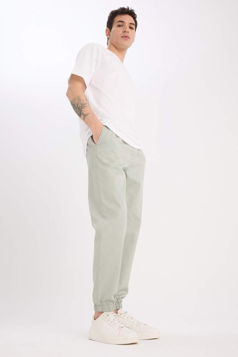 %100 Pamuk Jogger Slim Fit Dar Kesim Beli Bağcıklı Gabardin Pantolon
