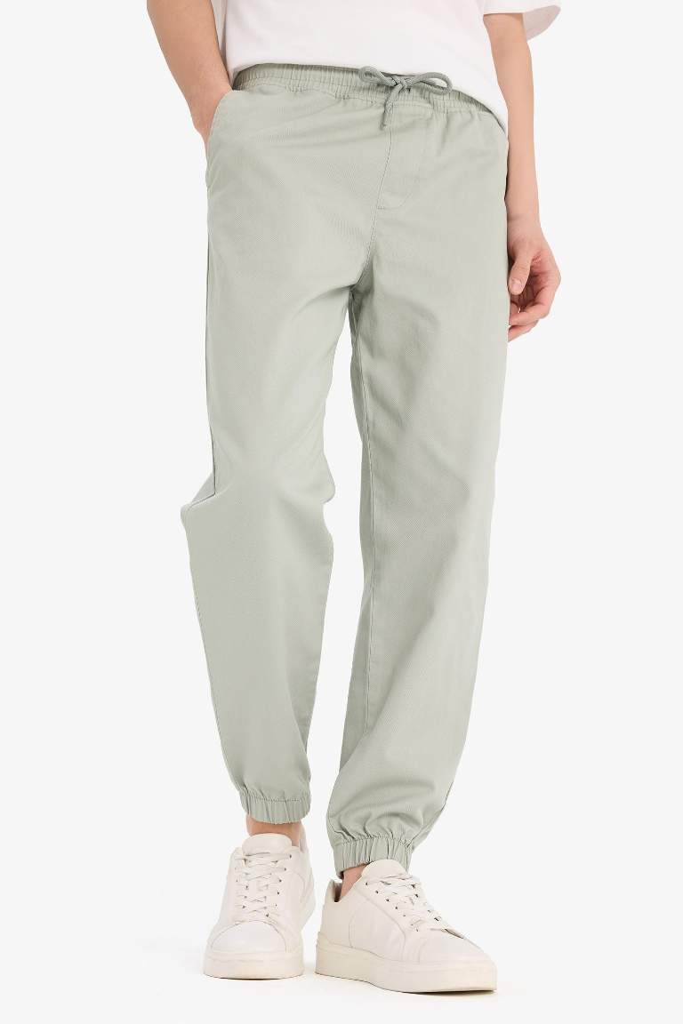%100 Pamuk Jogger Slim Fit Dar Kesim Beli Bağcıklı Gabardin Pantolon