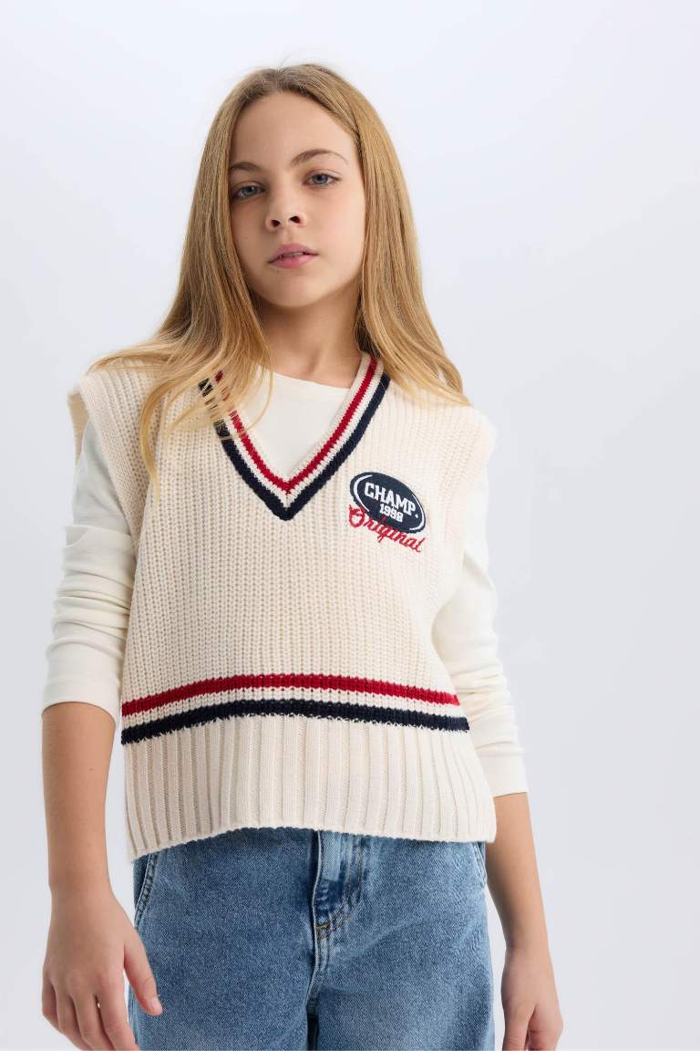 Pull sans manches brodé à col en V pour fille