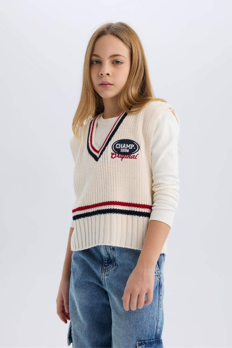 Pull sans manches brodé à col en V pour fille