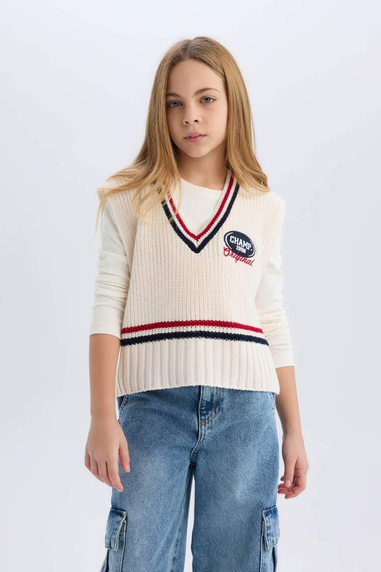 Pull sans manches brodé à col en V pour fille