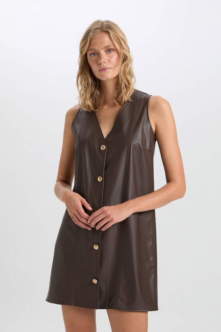 A Cut V Neck Basic Faux Leather Sleeveless Mini Dress