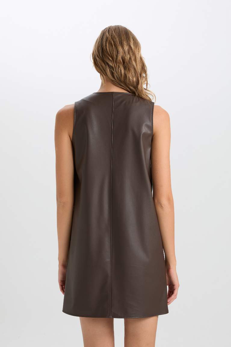 A Cut V Neck Basic Faux Leather Sleeveless Mini Dress