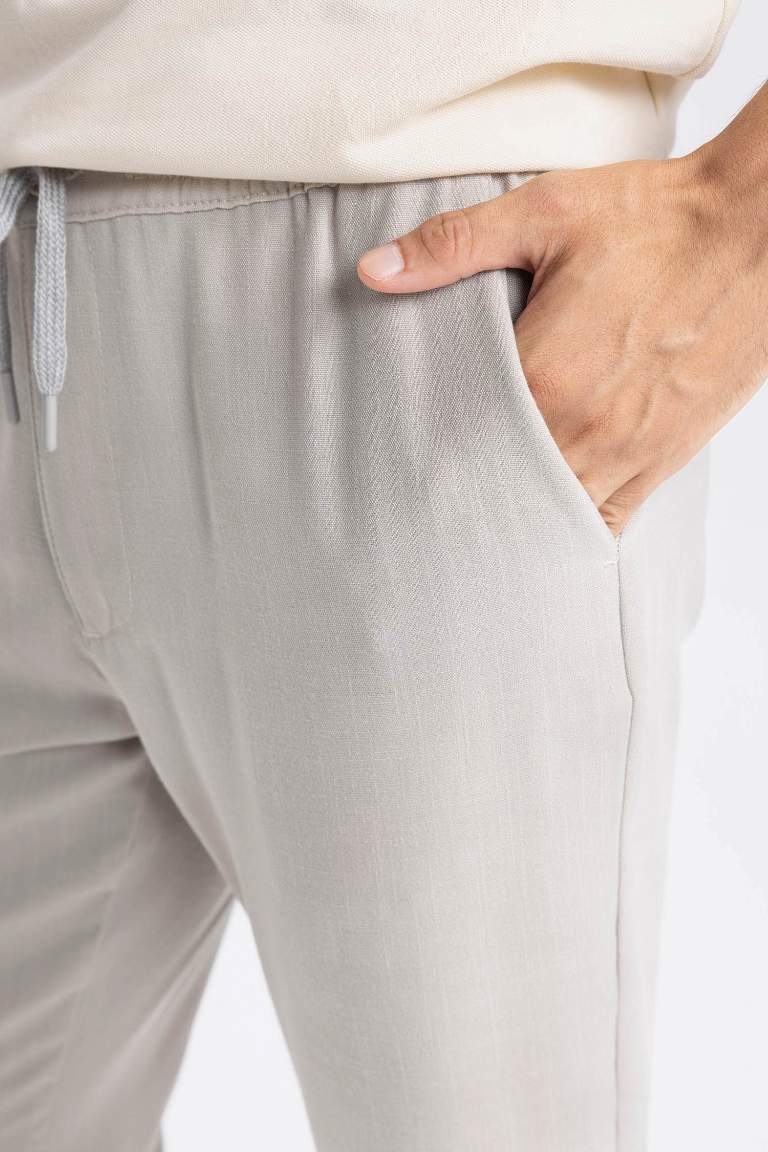 Beige Slim Fit Elastic Leg Jogger Pants