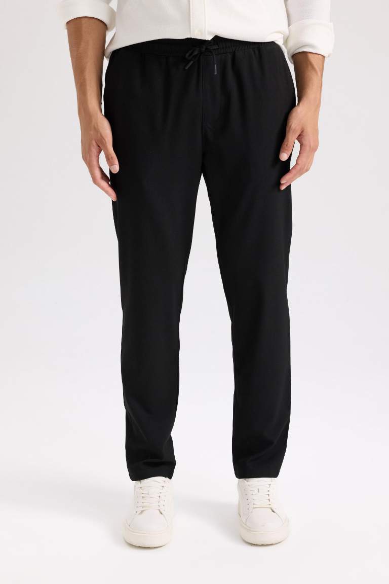Basic Düz Beli Lastikli Bağcıklı Cepli Jogger Düz Paça Siyah Pantolon