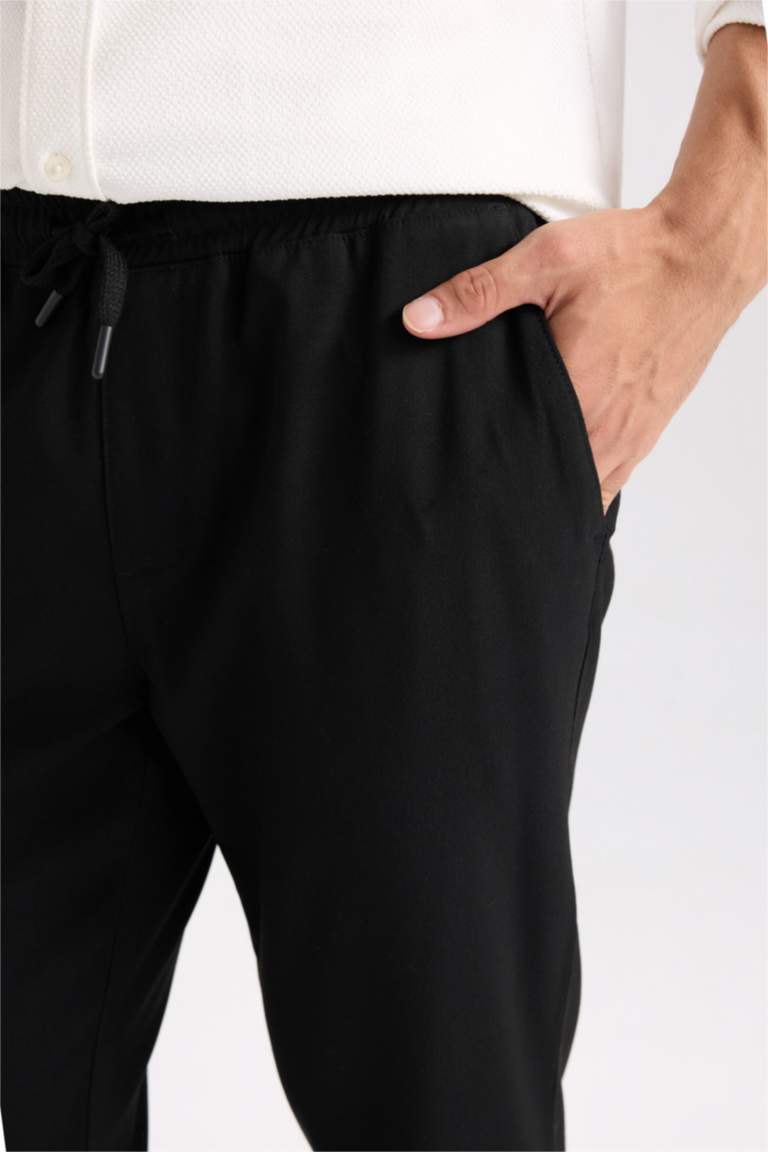 Basic Düz Beli Lastikli Bağcıklı Cepli Jogger Düz Paça Siyah Pantolon