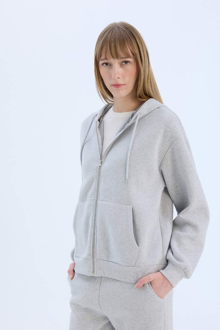 Relax Fit Hooded Thick Basic Zippered Sweatshirt