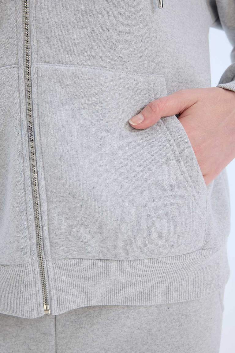 Relax Fit Hooded Thick Basic Zippered Sweatshirt