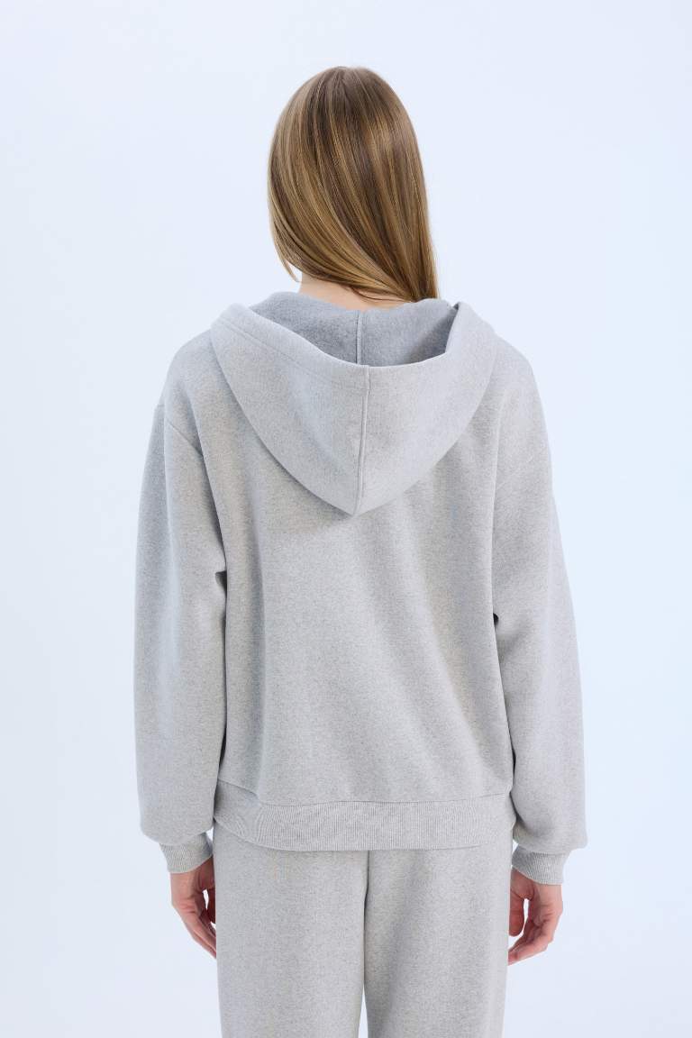 Relax Fit Hooded Thick Basic Zippered Sweatshirt