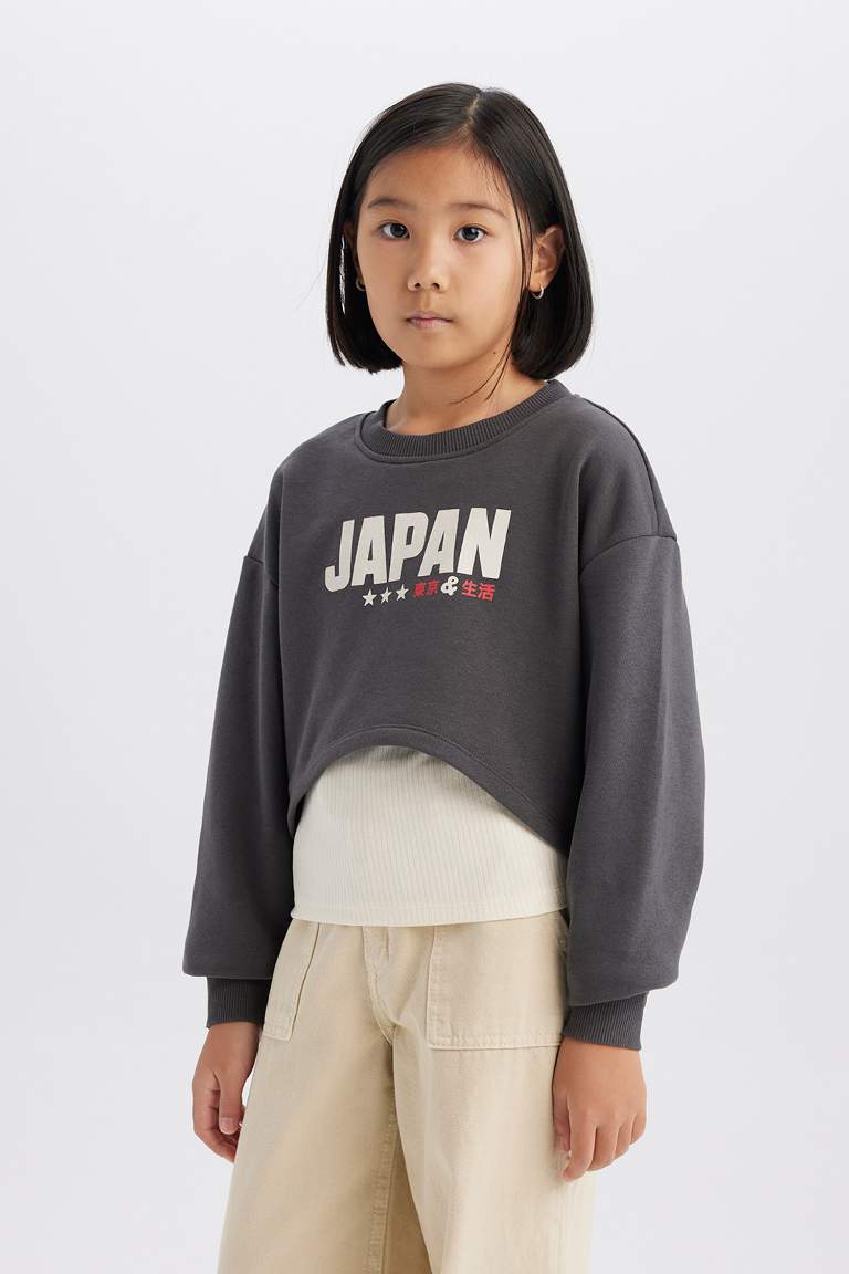 Ensemble de sweatshirt court imprimé à col rond et débardeur pour fille