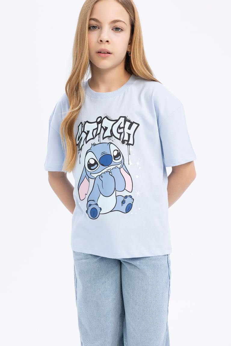 Қыздарға Disney Lilo & Stitch Лицензиялық дөңгелек жаға жануар қысқа жеңді Қысқа жеңді футболка