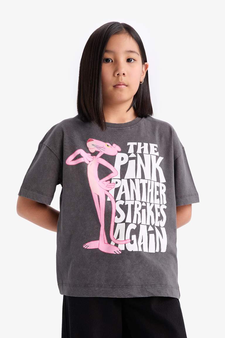 Girl Pink Panther Oversize Fit Crew Neck Short Sleeve T-Shirt