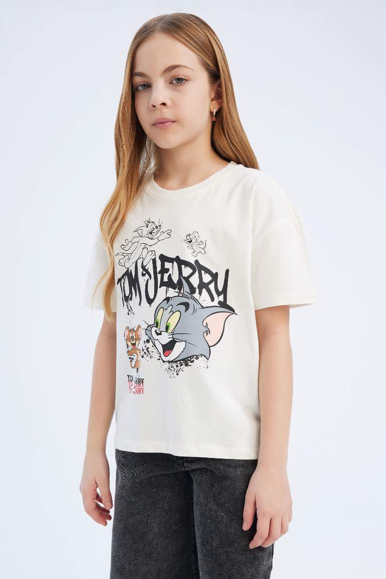 T-shirt imprimé Tom & Jerry à col rond et manches courtes pour fille