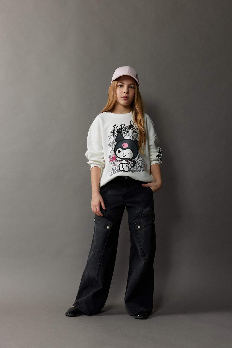 Girl Kuromi Oversize Fit Crew Neck Animal Patterned Sweatshirt